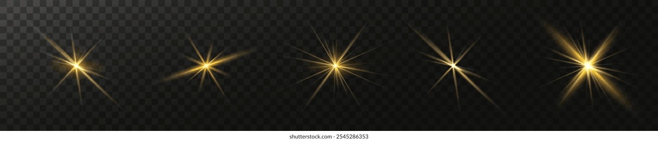 Um conjunto de estrelas douradas, raios de sol e efeito do amanhecer. Reflexo. Uma explosão em um fundo transparente. Partículas cintilantes de pó mágico. Uma estrela brilhante. Sol brilhante transparente, flash brilhante