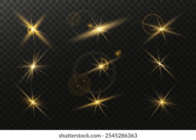 A set of golden stars, sun rays and dawn effect. Glare. An explosion on a transparent background. Sparkling particles of magic dust. A bright star. Transparent glowing sun, bright flash