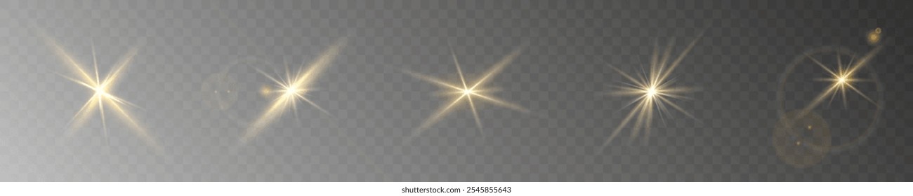 A set of golden stars, sun rays and dawn effect. Glare. An explosion on a transparent background. Sparkling particles of magic dust. A bright star. Transparent glowing sun, bright flash