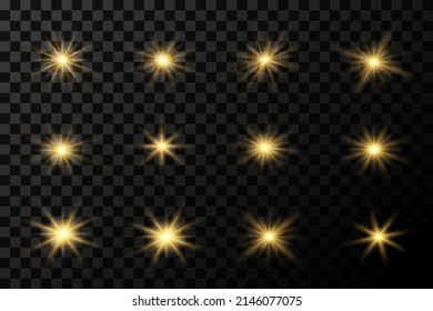 Set of golden stars, vector flashes with light on a transparent background. Abstract laser stars.