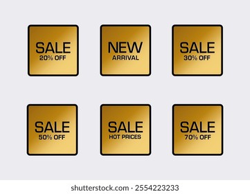 A set of golden stickers with a grain texture features promotional messages: SALE HOT PRICES, NEW ARRIVAL, SALE: 20%, 30%, 50%, 70% OFF—emblems and labels creating an eye-catching gold effect.