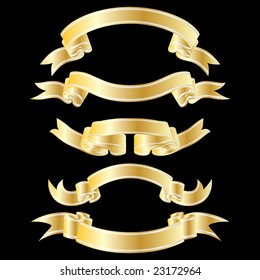 Set of golden striped ribbons on black background