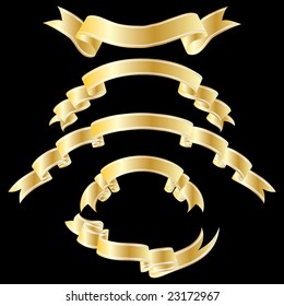 Set of golden striped ribbons on black background