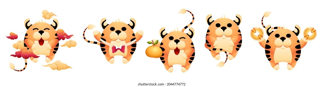 Set of golden striped symbols of coming Chinese new year of tiger. Collection of cute new year 2022 tigers. Group of mascots for design or decoration of greeting cards. Vector isolated illustration.
