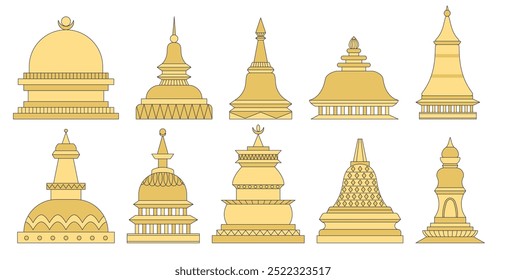 Conjunto de estupas doradas estructuras arquitectónicas lugar de peregrinación de budistas. Ilustración vectorial de iluminación del Templo de Buda en estilo plano