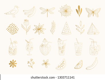 Set of golden summer illustration for summertime design