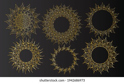 Set of golden sun. Collection of 6 complex monograms of sun on a black background. Vector, eps 10.