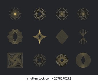 Ponga sol dorado, rhombus, cuadrado. Formas de líneas gométricas de vectores boho.