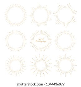 Set of golden sunburst style isolated on white background, Bursting rays vector illustration.