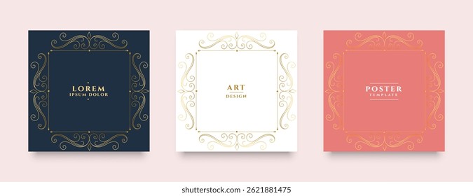 set of golden swirl frame design invitation card in three colors 