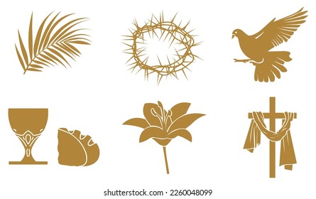 Set of golden symbols of Christianity on white background