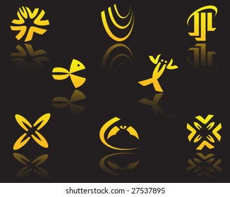 Set of golden symbols on black with reflection - abstract emblems. Jpeg version also available