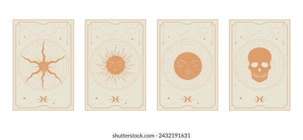 Conjunto de cartas de Tarot Dorado con mágicos símbolos de Sol, Luna, Estrella y Muerte. Misterio, magia, astrología, esotérica. Ilustración de vector