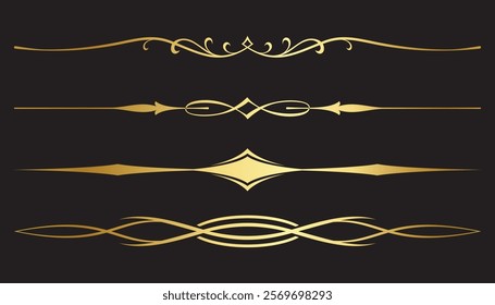 Set of golden text dividers. Vector on black background