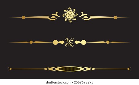 Set of golden text dividers. Vector on black background