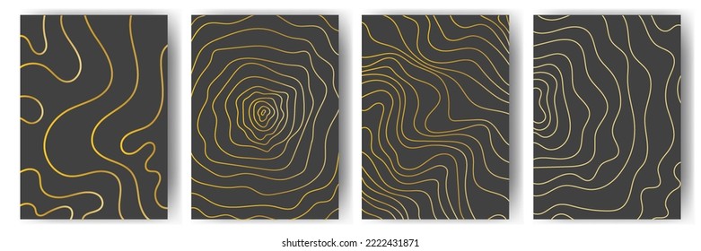 Conjunto de texturas doradas con olas sobre fondo negro. Ilustración vector dorada para afiche, banner, volante, aplicación móvil. Ilustración del vector
