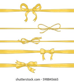 set of golden thin bows and horizontal ribbons on white. hand drawn vector illustration. collection of decorative elements for celebration greetings, invitations