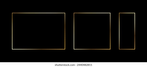 Set of golden thin frames. Gold geometric borders in art deco style. Thin linear square and rectangle collection. Yellow glowing shiny boarder element pack. Vector bundle for photo, cadre, decor