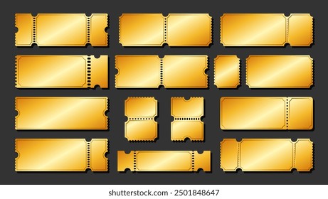 Set of golden ticket template. Ideal for concerts, parties, or festivals. Isolated ticket design on a gray background.