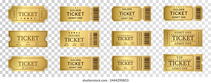 Set of golden tickets isolated on transparent background.