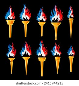Eine Reihe goldener Fackeln mit einem Flammen in den Farben der Flagge Frankreichs. Französische Flammentorche des Sieges des Meisters. Flammensymbole. Blauweiße Feuerstromflamme. Vektorgrafik