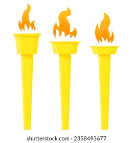 Set of golden torches with fire