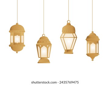 Set of golden tradition Arabic lantern lamps hanging for eid al adha. Islamic art style background.