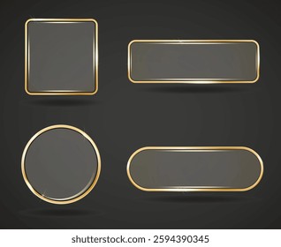 Set of golden transparent glass buttons. Square, round website element