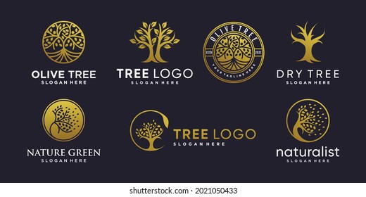 Conjunto de logotipo de árbol dorado con estilo de elemento abstracto creativo Vector Premium