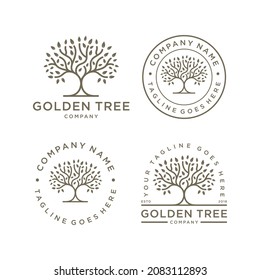 Set of Golden Tree Oak Banyan Maple Emblem logo design vector template