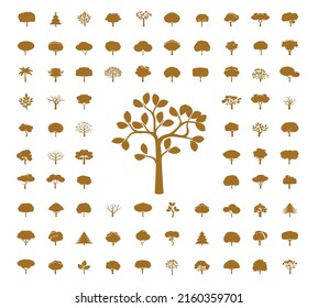 Set golden Trees. Vector outline Illustration and icons.