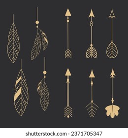 Set golden tribal feathers line art native arrow ethnic indian in doodle style on dark background. Geometric boho elements.