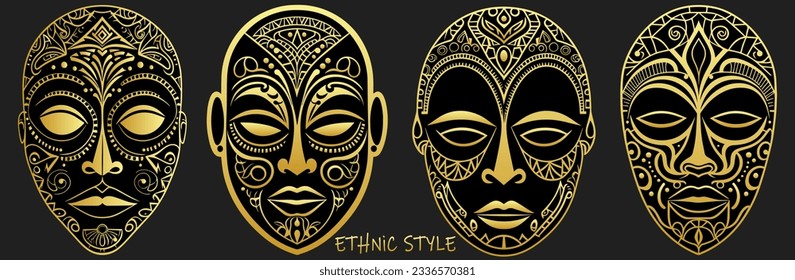 Set of golden tribal masks, faces, outline, silhouette isolated on black background. Unique templates. Ethnic heritage of East, Asia, India, Mexico, Aztec, Africa, Peru in line art style. 