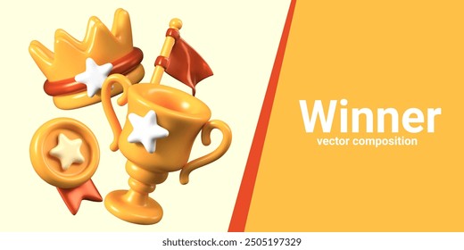 Set of golden trophies in 3D cartoon style. Fun prizes for winners. Crown, cup, medal, flag