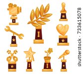 Set of golden trophies and prizes, gold awards statues collection vector Illustrations