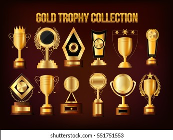 Set of Golden Trophy Cups and Awards, Vector Collection.