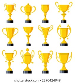 Set of golden trophy vector cup, champion. Sport award,  icons isolated on white background. Colored flat illustration