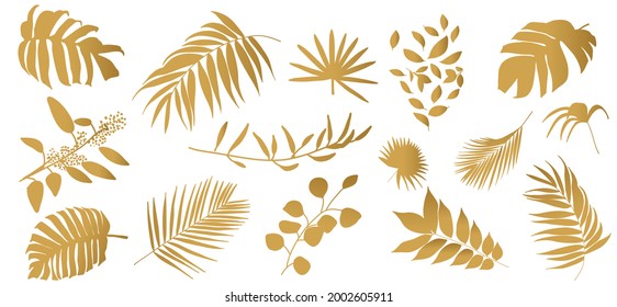 Set of Golden tropical leaves on white background. Elegant exotic decoration for cosmetics, spa, perfume, summer party invitation, aroma, health care products, tourist agency.
