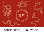 Set golden vector Chinese 2025 Zodiac abstract symbol. Luxury gold Snake collection isolated red background. Vector template serpent for web, postcard, banner, poster design. Editable stroke. 蛇年-Snake