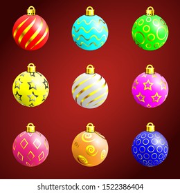Set of golden vector Christmas balls on dark background. Colorful christmas balls vector. Decorative elements for holiday new year design. Vector illustration.