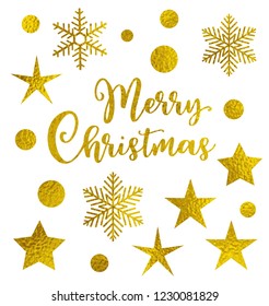 Set of golden vector Christmas design elements, snowflakes, stars and circles. Merry Christmas lettering.