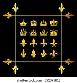 Set of golden vector crowns and fleur de lys black. Decoration medieval heraldic symbol illlustration.