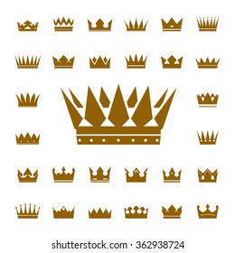 Set of golden vector crowns and icons