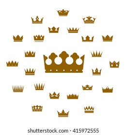 Set of golden vector crowns and icons