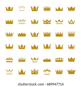 Set of golden vector crowns and icons