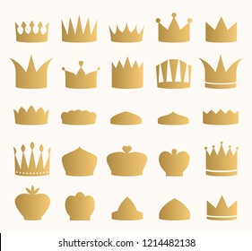 Set of golden vector crowns. Isolated glitter designs.