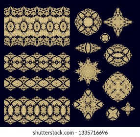 Set of golden vector ethnic geometric
 decorative elements - rosette, border ornament, on dark background