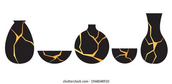 Set of golden vector illustration of Kintsugi. Black Japanese vintage vase in flat style. Restoration of old dishes. Marble pattern. A stylish element of your design. All objects are isolated.