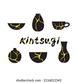 Set of golden vector illustration of Kintsugi. Black Japanese vintage vase in flat style. Restoration of old dishes. Marble pattern. A stylish element of your design. All objects are isolated.