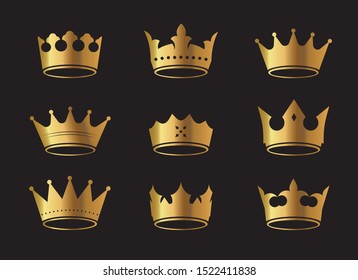 Set of golden vector king crowns and icon on black background. Vector Illustration. Emblem and royal symbols.